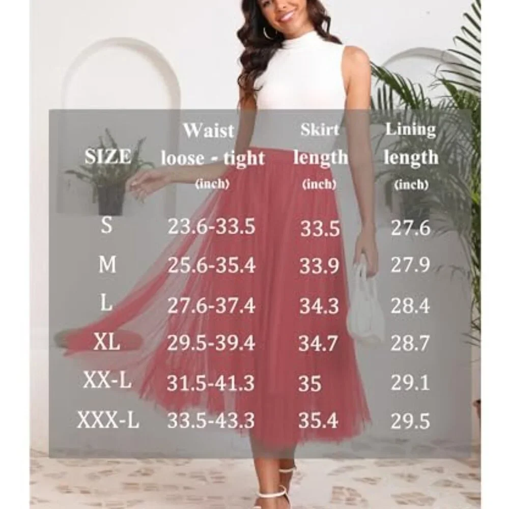 Women's 2-Layer Tulle Midi Skirt Elastic Waist A-Line Work Party - Picture 7 of 8